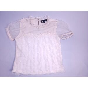 Chiffon Ruffle Lace Blouse Women SM Ivory Boho Coquette Cottage Fairy Polka Dot
